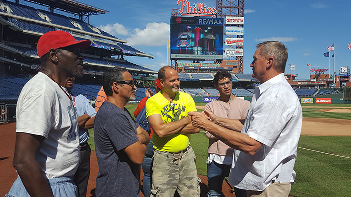 Phillies' Dickie Noles addresses Journey of Hope Project participants before the Phillies game Sept. 21, 2017.